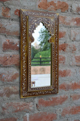 KB ART Handpainted Wooden Wall Mirror 9.5x19 Inch – Yellow with white Amboz Embroidery Design |  Arch Jharokha Boho Mirror | Indian Traditional Wall Decor